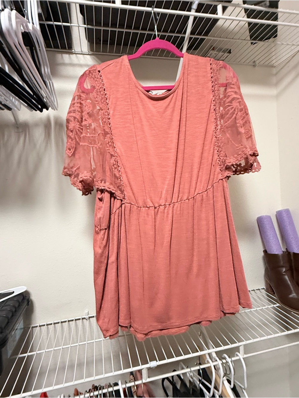 Lace-Sleeve Coral Peplum Tunic Top